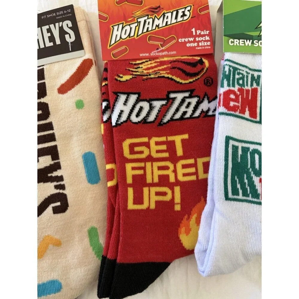 Novelty Theme 3 Pairs Adult 6-12 Red Hots Mountain Dew Hersheys Candy Fun Drink